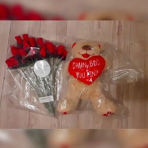 Teddy bear  and Artificial roses
